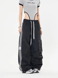 Uniwim Y2K Kpop Cargo Pant Women Drawstring Pockets Wide Leg Chic Punk Pants Baggy Striped Sports Sweatpants Parachute Jogger Trousers