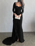 Uniwim 2024 Women's Ruffled Lace Evening Dress Solid Color Square Neck Long Sleeve Skinny Maxi Dress Wrap Hip Party Gowns