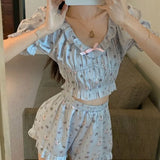 Uniwim 3PCS Cute Rabbit Pajama Sets for Women Cartoon Print Sleepwear Girl Summer Short Sleeve Homewear Student Korean Sweet Nightwear