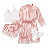 Uniwim Black Sexy Women's Pajamas Satin 4-piece Lace Silk Suspender Tops Shorts Robe Pajamas Set Nightgown Underwear Nightdress Suit