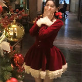 Uniwim Elegant Velvet Lace Ruffles Patchwork Short Dresses for Women Long Sleeve A-line Korean Fashion Christmas Birthday Party Dress