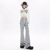 QWEEK Y2K Cartoon Print Sweatpants Women Cute Kawaii loose Casual Drawstring Wide leg pants Streetwear Harajuku High Waist Pants