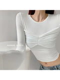 Uniwim Woman Knit T-Shirts Crew Neck Tees Long Sleeve Crop Top Slim  Crochet Top Solid Color Pleated Top Patchwork All-match Sexy Ins