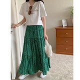 2024 New Arrival Summer Korean Style Women Loose Casual Print A-line Mid-calf Skirt Green Chiffon Patchwork Skirts V290