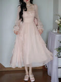 Uniwim 2024 Summer Pink Chiffon Vintage Fairy Dress Women Korean Style Elegant Party Midi Dress Female Court Retro Flare Sleeve Dresses