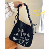 Uniwim Fashion Canvas Butterfly Print Crossbody Bag Retro Fairy Casual Shoulder Bag Korean Style Large Capacity All-match Commuter Bag