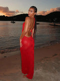 Uniwim Sexy Hanging Neck Hollow Out Red Maxi Dress Sexy Off Shoulder Backless Slim Dresses 2024 Summer Street Nightclub Partywears