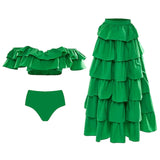 Uniwim Off Shoulder Ruffle Bikini Set Solid Color High Waist Sexy Halter Swimsuit Split Women 2024 Fashion Pleated Beach Dress