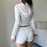 Uniwim Two Piece Set Pink Bright Line Hoodie Tracksuit Women Casual Sweatshirt Coat Y2K Low Waist Shorts Outfits 2PCS Clothes