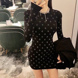 Uniwim  Diamond  A Letter Slim Fit Stretch Black Long Sleeve Short Skirt For Women Evening Party Dress Vestidos Midi Clothing