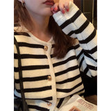 Uniwim Autumn and winter Korean contrasting striped knitted cardigan women's winter single -row metal buckle pocket sweater cardigans