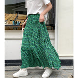 2024 New Arrival Summer Korean Style Women Loose Casual Print A-line Mid-calf Skirt Green Chiffon Patchwork Skirts V290