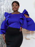 Uniwim Blue Ruffle Blousees Party Event Stylish Crew Neck Cold Shoulder Flare Sleeve Tops for Women Plus Size Party Night Out Shirts