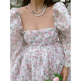 Uniwim Summer Women Dress Both-Sides Wear Floral Print Chiffon Organza Dress Sexy Square Neck Puff Sleeve Party Prom Skirt Short Sweet