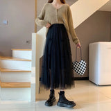 Uniwim Fairycore Women Tulle Skirt Elegant Bow Layered Coquette Mid Length Skirts Kawaii Mesh Sweet Korean Style A-line Skirt