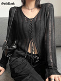 Uniwim  Mall Gothic See Through Bandage Blouse Grunge Black Casual Sexy Knitwear T-shirt Y2k Long Sleeve Streetwear Women Tops