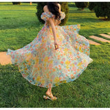 2024 New Spring and Summer One Shoulder Puff Sleeve Floral Sling Dress Women's Waist Seaside Beach Long Skirt Prom Dress