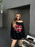 Uniwim 2024 Autumn and Winter American Streetwear Large Neckline Letter Sports Trendy Slanted Shoulder Sweatshirt Womens Loose Clothing