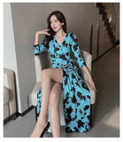 Uniwim vestido feminino Women’s Summer Fall Loose Maxi Dress Winter Wrap V Neck 3/4 Sleeve Sky Blue Floral Print Slit Long Dresses