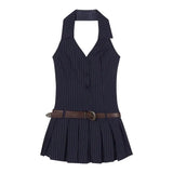 Uniwim Striped Mini Women Pleated Dresses Sexy Backless Chic One Piece Short Dress Sleeveless Streetwear Y2k Hotsweet Dress