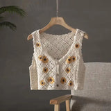 Uniwim Women Summer Cotton Crochet Retro Cropped Knitted Cardigans Daisy Floral Embroidery Sleeveless Button Up Chic Crop Tops