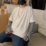 Korean Harajuku Black White Striped Hip Hop T-shirts Men Women Autumn Long Sleeve Fake Two-piece T Shirt Solid Clothes Tshirt