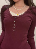 Uniwim Y2k Coquette Lace Slim T-shirts Button Long Sleeve Tops Knitted Cute Basic Harajuku Tee clothes for women.