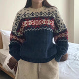 Uniwim Korean Lazy Style Sweater Woman 2025 Outerwears Hit Color Jacquard Pullovers Loose Knitted Ropa Mujer Autumn Winter Clothes