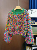 Uniwim Fringe Crochet Jumper Rainbow Color Handmade Sweater Crew Neck Thick Needles Knit Pullover Knitwear Autumn/Winter Women Clothing