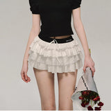 Uniwim Kawaii Sexy Ruffle White Mini Skirt Fairycore Cake Pleated Lace Up Short Skirts Coquette Casual Layered Patchwork Skirt