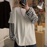 Korean Harajuku Black White Striped Hip Hop T-shirts Men Women Autumn Long Sleeve Fake Two-piece T Shirt Solid Clothes Tshirt