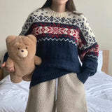 Uniwim Korean Lazy Style Sweater Woman 2025 Outerwears Hit Color Jacquard Pullovers Loose Knitted Ropa Mujer Autumn Winter Clothes