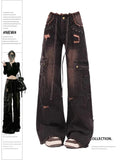 Uniwim Women's 90s Vintage Black Gothic Cargo Jeans Y2k High Waist Wide Leg Denim Trousers Harajuku Baggy Jean Pants Emo 2000s Clothes