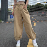 QWEEK Baggy Jogger Pants Women Khaki High Waist Japanese Vintage Cargo Pants Streetwear Fashion Loose Casual Drawstring Jeans