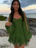 Uniwim Sexy Green Pleated Mini Dress For Women Elegant V-neck Split Long Sleeve A-line Dresses Summer Lady Solid Backless Lace Up Robes