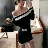 Uniwim Elegant Slash Neck Knitted Dress Women Long Sleeve Bodycon Mini Dresses Korean Fashion Autumn Winter New Slim Casual Vestidos