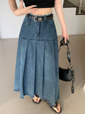 Uniwim Long Skirts Women Vintage Spring Summer High Waist Jean Skirt Ladies  A-Line Ruffle Pleated Denim Skirt Plus Size With Belt