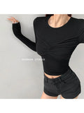 Uniwim Woman Knit T-Shirts Crew Neck Tees Long Sleeve Crop Top Slim  Crochet Top Solid Color Pleated Top Patchwork All-match Sexy Ins