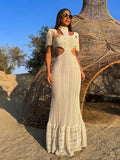 Sexy White Lace Women Dress Turtleneck Tassel Sleeve Slim Naked Waist Hollow Out Long Dress Summer Beach Female Knit Robe