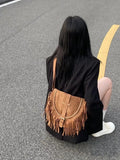 Uniwim  new hand-made suede fringe bag women's retro saddle bag fashion trend single shoulder bag crossbody bag