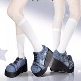 Uniwim Y2K Star Print Chunky Platform Ankle Boots Women New Metal Chain Blue Denim Boots Woman Cute Thick Bottom Jk Lolita Shoes