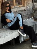 Uniwim Y2k Casual Two Piece Trousers Suit Denim Patchwork Short Zipper Hooded Top High Waisted Commuting Trousers and Sweatpants Suit