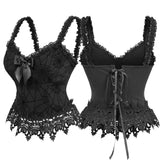 Uniwim Gothic Corset Black Spider Web Flocking Applique Lace Trim Bowknot Lace-up Back Corset Tops For Ladies