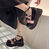 Uniwim Ankle Straps White Lolita Shoes Woman Autumn Bowtie Patent Leather Mary Jane Shoes Woman Thick Bottom Wedges Pumps Loafers