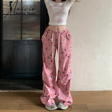 Women Baggy Pink Cargo Pants Vintage Harajuku Y2k 90s Aesthetic Retro Graphic Print Pants High Waist Trousers 2000s Clothes 2024