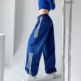 Uniwim Striped Sweatpants Women Hip Hop Streetwear Baggy Wide Leg Cargo Pants Bf Y2K High Waist Drawstring Joggers Trousers