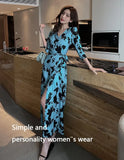 Uniwim vestido feminino Women’s Summer Fall Loose Maxi Dress Winter Wrap V Neck 3/4 Sleeve Sky Blue Floral Print Slit Long Dresses