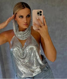 Uniwim Fashion Metal Sequined Y2k Women Crop Top Tank Tops with Headscarf Metallic Sequins Sexy Backless Hollow Out Halter Corset top