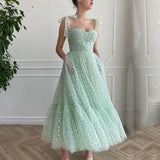 Uniwim Mint A-line Fairy Glitter Tulle Ankle Length Cocktail Dress Sweetheart Bow Straps Birthday Gown with Pockets WC9740