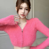 Ladies Solid Color Sweater Knitted Cardigan Off Shoulder Short Style Zipper Design Women's Round Neck Pullover Coat